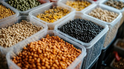 Dog food storage containers with various pet feed types organized for proper keeping and easy access in a home setting