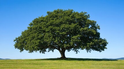 Fototapeta premium Lush Green Oak Tree Against Clear Blue Sky in Open Meadow