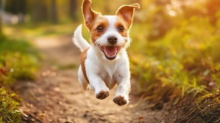 Happy dog running joyfully through a sunlit forest path surrounded by greenery and vibrant nature.