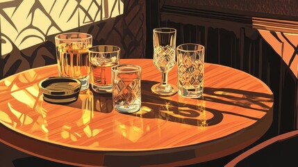 Art d&eacute;co elements and warm lighting on a round wooden table in a jazz club