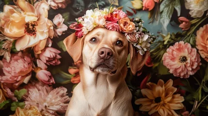 Fotobehang Dierenarts Dog photoshoot with floral backdrop and crown capturing the beauty of pets in a vibrant, whimsical setting  © VRVisionary