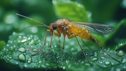 Close-up of a yellow fly on a dew-covered leaf.