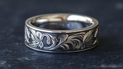 Intricate Silver Ring with Floral Engravings on Dark Background