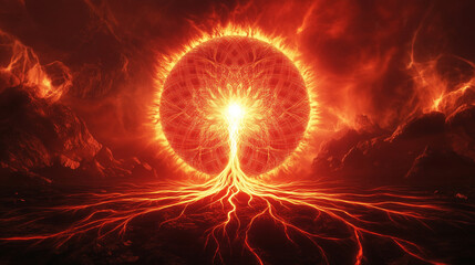 A root chakra glowing deep red, with fiery fractal patterns extending like roots into the earth
