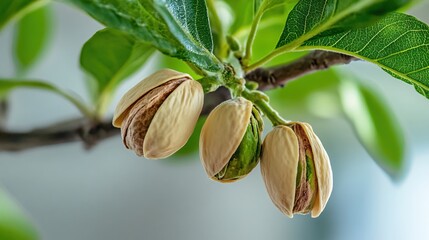 Fresh Pistachio Nuts Growing on Branch in Natural Green Setting with Leaves