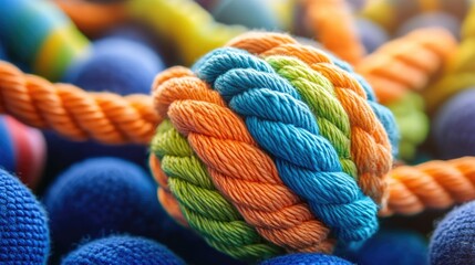 Colorful cotton rope and ball dog toy for playful games against a vibrant background suitable for pet-related promotions and advertisements