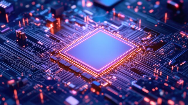 Blue and purple technology circuit board background with glowing electronic components - futuristic digital concept for innovation and connectivity