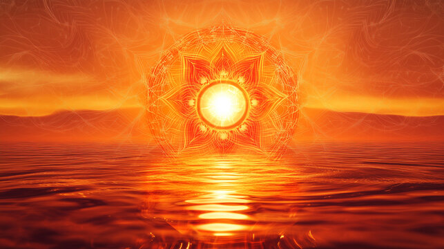 A sacral chakra glowing in vibrant orange, surrounded by rippling water patterns and delicate geometric shapes
