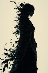 Fototapeta premium Silhouette of a woman draped in flowing fabric and adorned with feathers against a light background