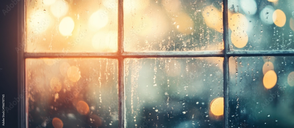 Poster vintage window with dreamy soft bokeh and rain droplets creating a serene background perfect for var