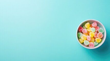 Obraz premium Bowl of colorful jelly candies on mint background with copy space for text Flat lay top view of sweets for dessert and snack concepts