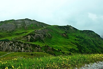 Fototapeta premium Austrian Alps - view of Spullerschafberg mountain in fog near Lech in Lechtal Alps