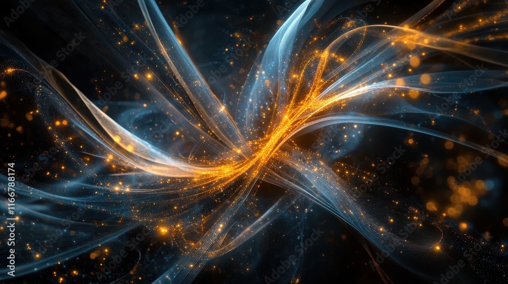 Poster intricate lines and dots creating a glowing abstract network on a dark background, symbolizing conne