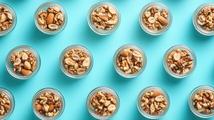 Assorted nut mini jars arranged on pastel blue background promoting healthy vegan snacks for eco-conscious diets and lifestyles