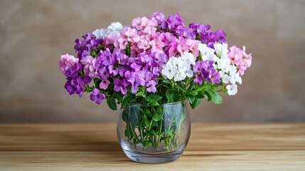 Bouvardia flowers in vibrant purple pink and white hues arranged in a glass vase on a wooden table with a neutral background for text space