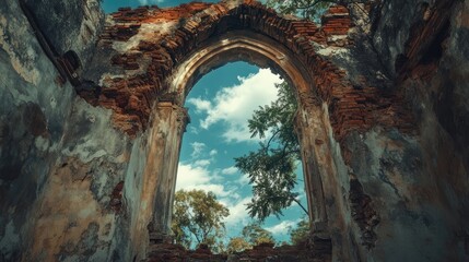 Ancient synagogue ruins with arch window framed by trees and textured masonry showcasing a blend of nature and history under a bright sky