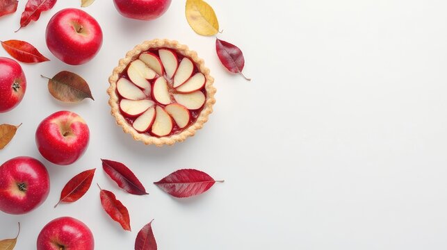 Autumn apple pie tart surrounded by fresh red apples and colorful leaves on a clean white background ideal for seasonal baking themes