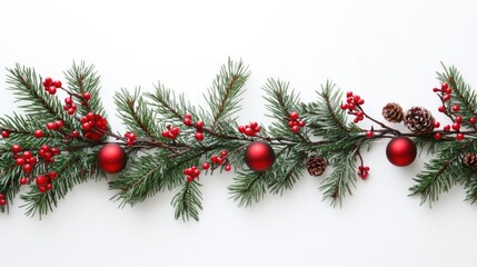 Red and Green Holiday Decoration with Pine Cones and Berries on White Background Ideal for Christmas Greeting Cards and Invitations Layout
