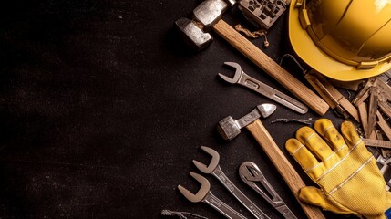 Construction Tools  Safety Gear  Helmet  Hammer  Pliers  Wrenches  Gloves  Black Backgroun