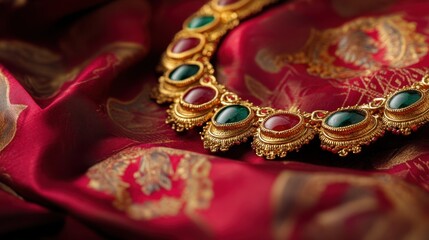 Obraz premium Exquisite Gold Necklace with Colorful Gemstones on Silk Fabric