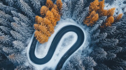 Winding rural road through frost-covered trees with vibrant autumn leaves creating a serene winter landscape scene