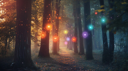 A mystical forest with chakras glowing in harmony, their light creating intricate patterns on trees and leaves