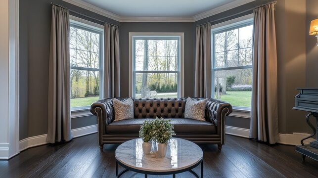 Elegant sitting area with leather loveseat marble coffee table dark hardwood floors and bay windows adorned with custom curtains
