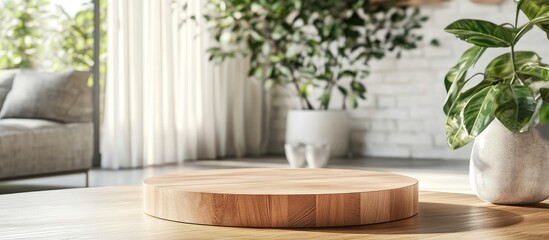 Stylish wooden podium on a modern table in a bright living room ideal for presentations or as a decorative accent piece