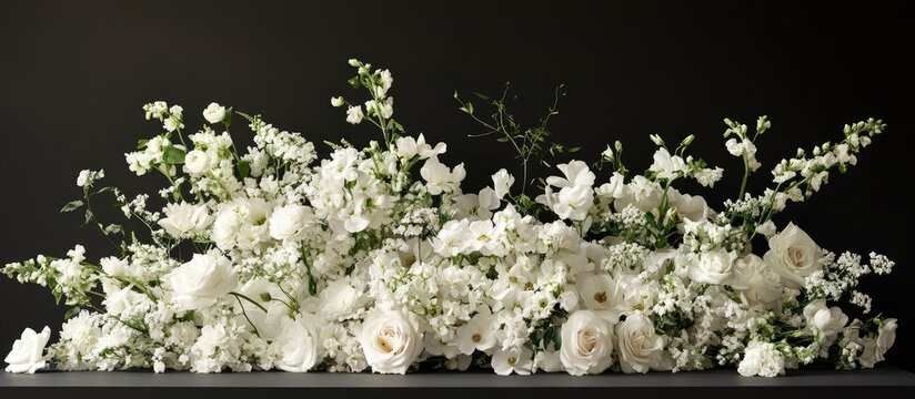 Romantic white floral arrangement for wedding stage decoration enhancing elegance and intimacy in the venue ambiance