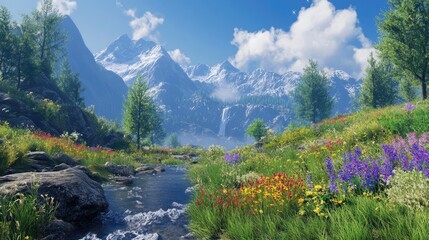 Vibrant natural landscape with lush greenery colorful wildflowers and majestic mountains under a clear blue sky by a flowing stream