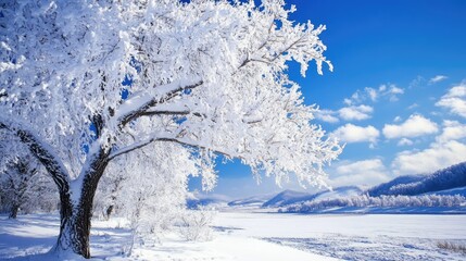 Winter countryside panorama with snow-covered trees against a clear blue sky ideal for promoting outdoor activities and healthy lifestyles.