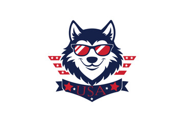  usa Wolf barbershop logo, stylized wolf with sunglasses America vector illustration