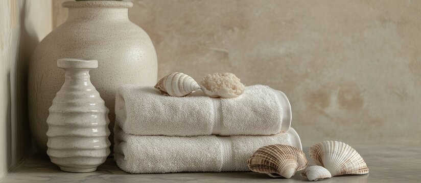 Serene bathroom decor featuring cockleshells plush towels and a ceramic bottle for a calming coastal ambiance