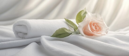 Fototapeta premium Elegant display of neatly folded white towels accented with a soft rose on a serene background for a luxurious spa or hospitality theme