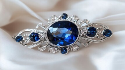 Elegant Blue Gem Brooch on Soft Fabric Background for Jewelry Display