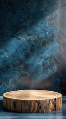 Wooden Tree Stump Podium or Platform on Moody Dark Textured Abstract Background Backdrop for Product Display Presentation or Branding Mockup