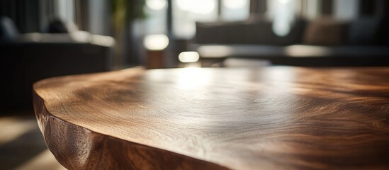 Obraz premium Elegant wooden table surface with soft focus interior setting ideal for sophisticated dining or lifestyle photography