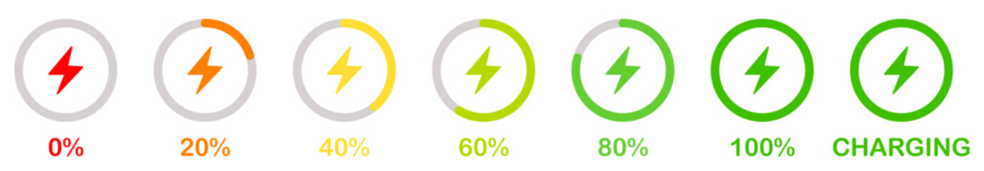 Battery charge indicator icon set in colorful style. Phone charge showing percentage level_0%, 20%, 40%, 60%, 80%, and 100%. Discharged and fully charged battery level from 0 to 100 percent.