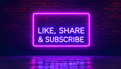 Like Share Subscribe Neon Sign on Brick Wall, Social Media Engagement, Neon Like Share Subscribe Graphic, YouTube and Social Media Promotion, Neon Sign for Engagement