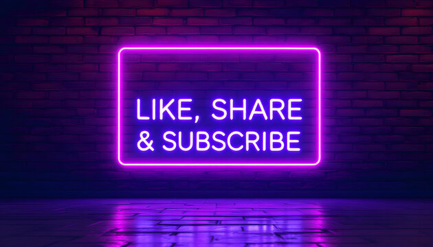 Like Share Subscribe Neon Sign on Brick Wall, Social Media Engagement, Neon Like Share Subscribe Graphic, YouTube and Social Media Promotion, Neon Sign for Engagement