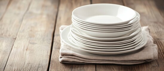 Obraz premium Sophisticated tableware stacked neatly on a rustic wooden surface ideal for intimate dining experiences and home entertaining styles