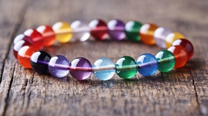Colorful gemstone bracelet on rustic wooden background close-up