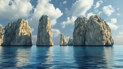 Majestic faraglioni rock formations rising dramatically from serene turquoise waters beneath a vibrant sky