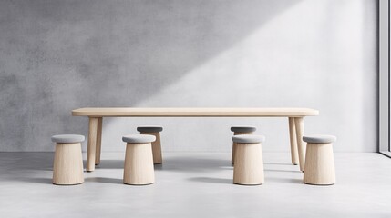Modern Minimalist Wooden Table with Unique Stools in Bright Contemporary Interior