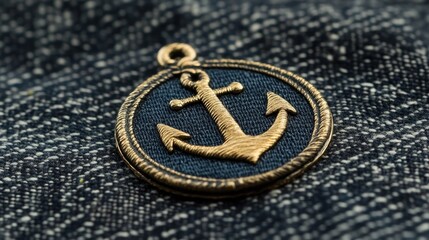 Gold Anchor Emblem on Blue Fabric Background for Nautical Themes