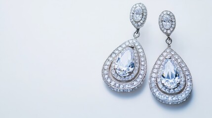 Elegant Pear-Shaped Fashion Earrings Adorned with White Rhinestones Displayed Against a Clean White Background