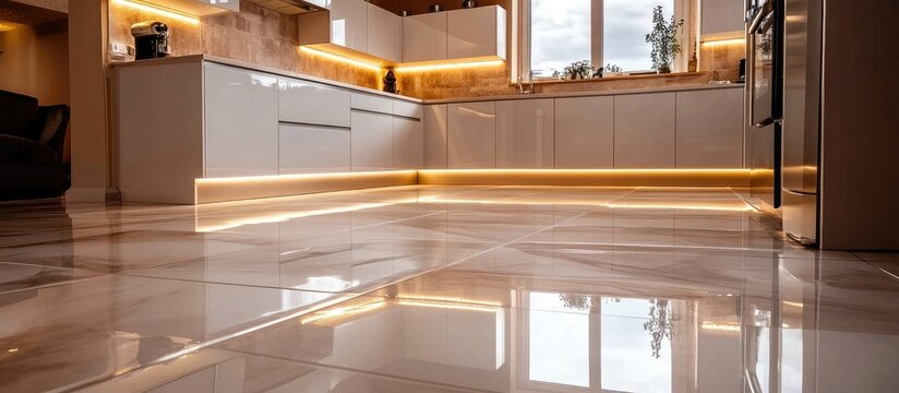 Modern kitchen design with ceramic flooring illuminated by LED lighting and stylish fixtures in an elegant interior setting