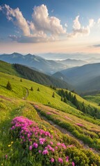 Mountain Majesty at Sunrise: Lush green hillsides ablaze with vibrant rhododendron blossoms, bathed in the golden light of sunrise, creating a breathtaking panorama of natural beauty. 