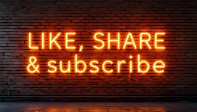 Like Share Subscribe Neon Sign on Brick Wall, Social Media Engagement, Neon Like Share Subscribe Graphic, YouTube and Social Media Promotion, Neon Sign for Engagement