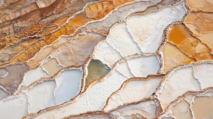 Fototapeta premium Aerial view of historic family-owned salt ponds in Maras Valley showcasing intricate patterns and natural mineral colors